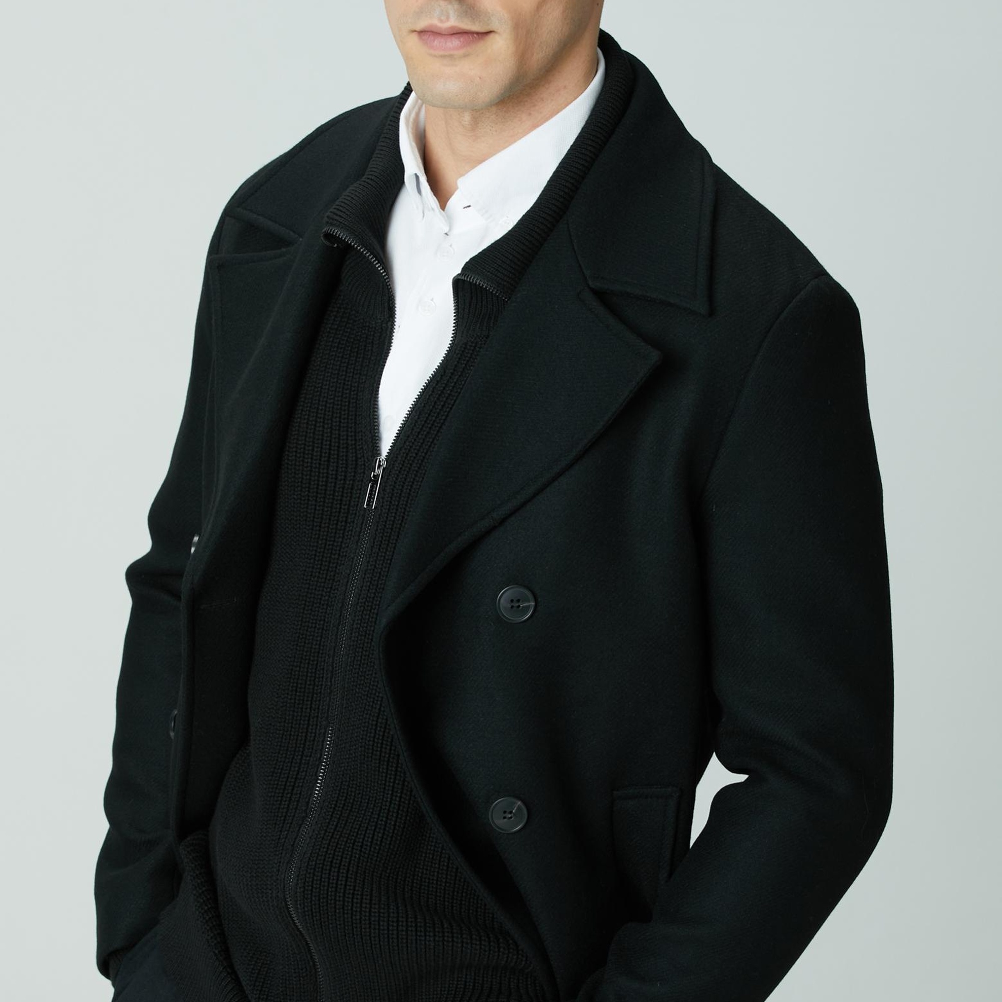 Network Erkek Siyah Kruvaze Yaka Diyagonal Kaban