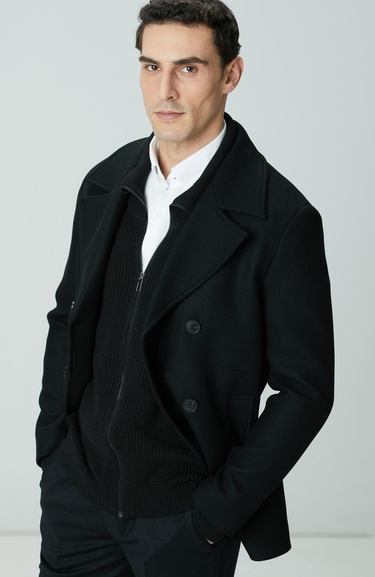  Network Erkek Siyah Kruvaze Yaka Diyagonal Kaban