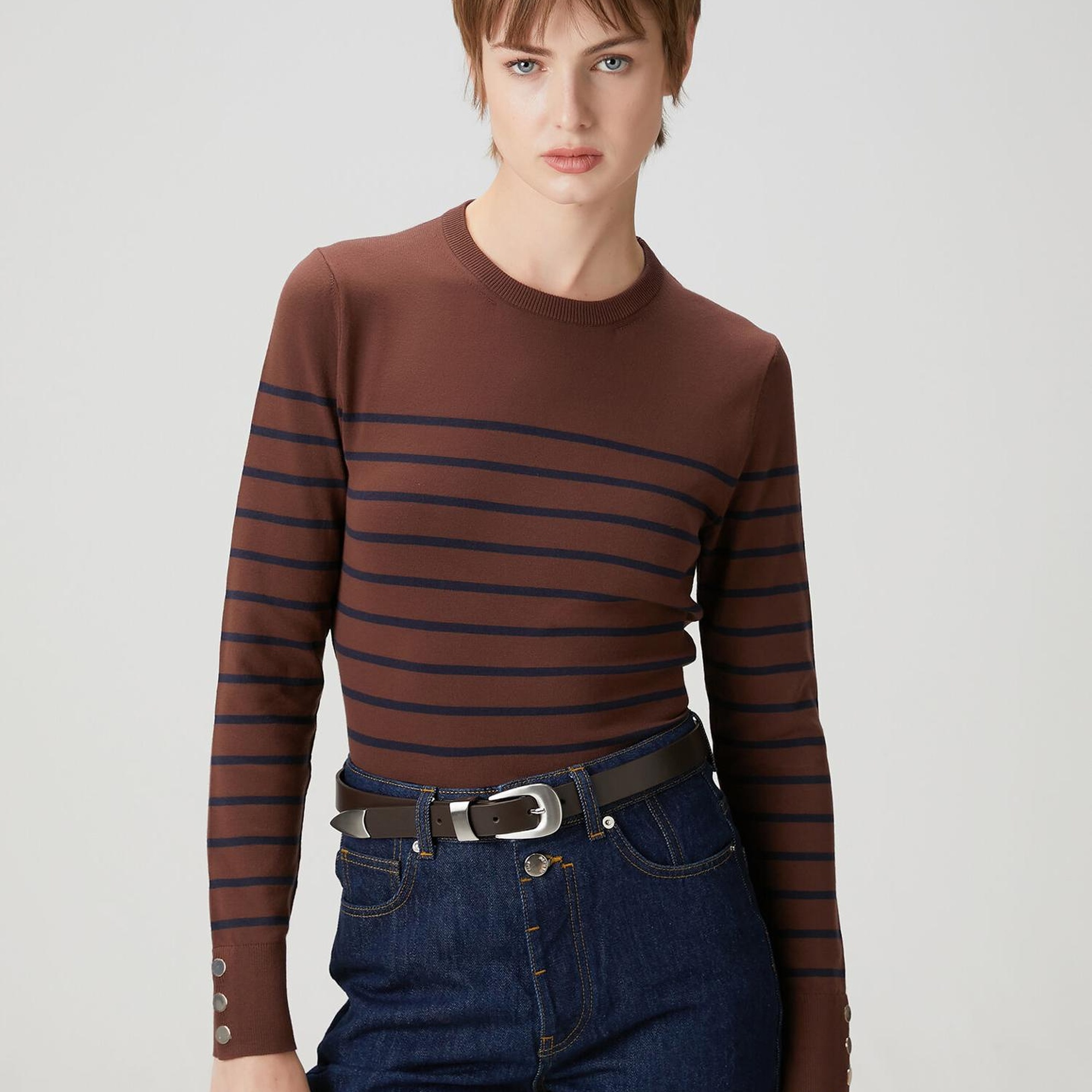 Beymen Club Kadın Kahve Lacivert Çizgili Basic Kazak