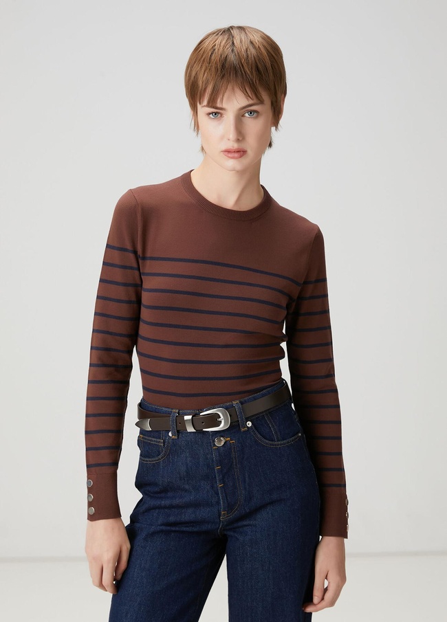  Beymen Club Kadın Kahve Lacivert Çizgili Basic Kazak