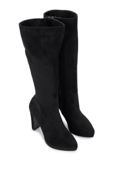  Tamer Tanca Kadın Suni Deri Siyah Süet Topuklu Çizme