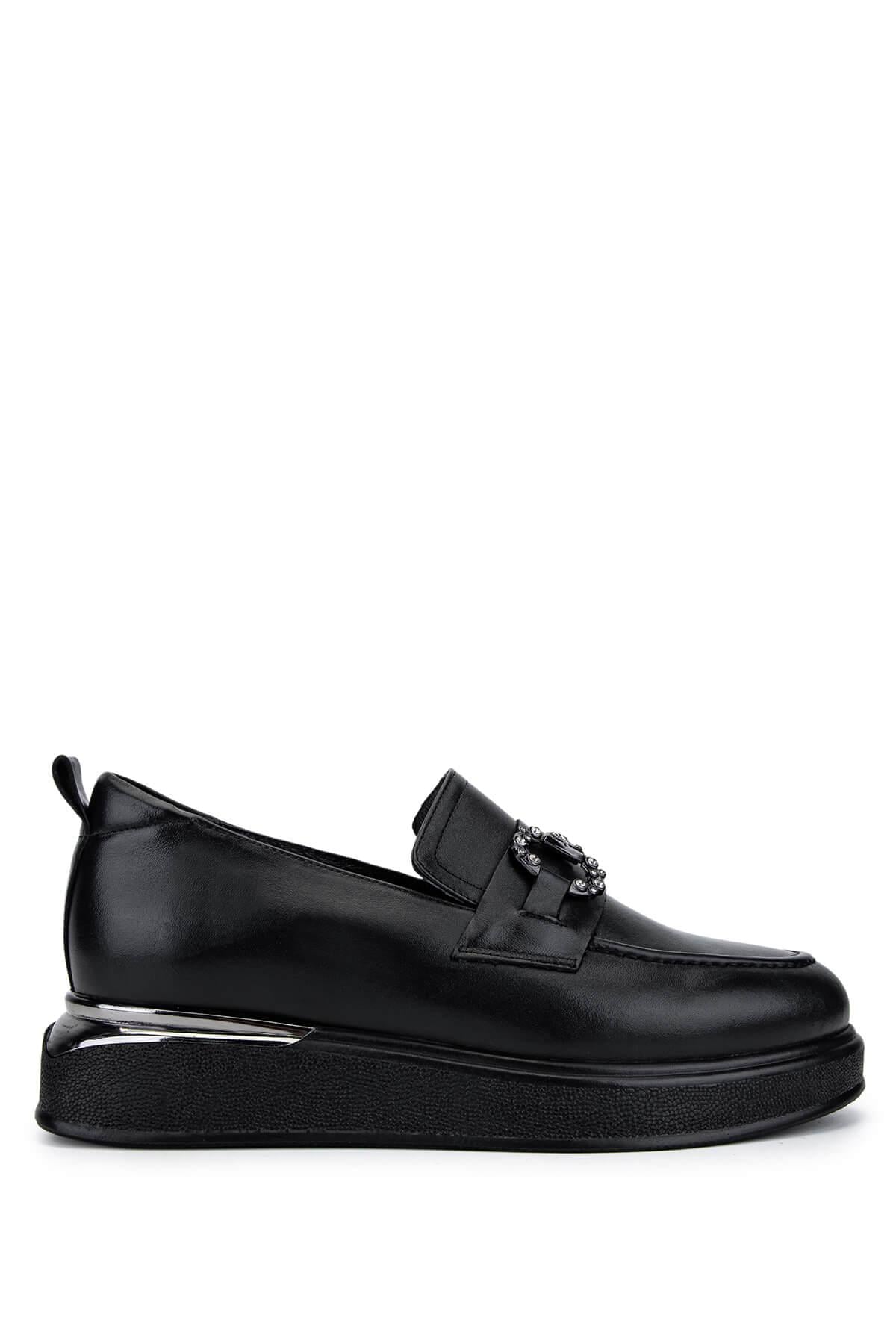  Tamer Tanca Kadın Hakiki Deri Siyah Deri Loafer Ayakkabı