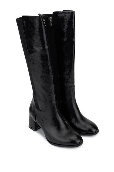  Tamer Tanca Kadın Suni Deri Siyah Rugan Topuklu Çizme