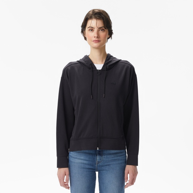  Lacoste Kadın Relaxed Fit Kapüşonlu Siyah Sweatshirt