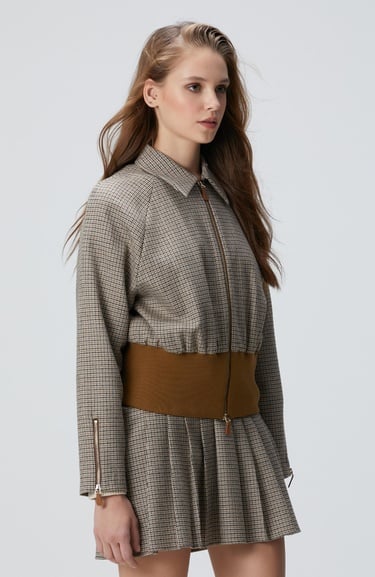  Network Kadın Siyah Kahverengi Kazayağı Desenli Ceket