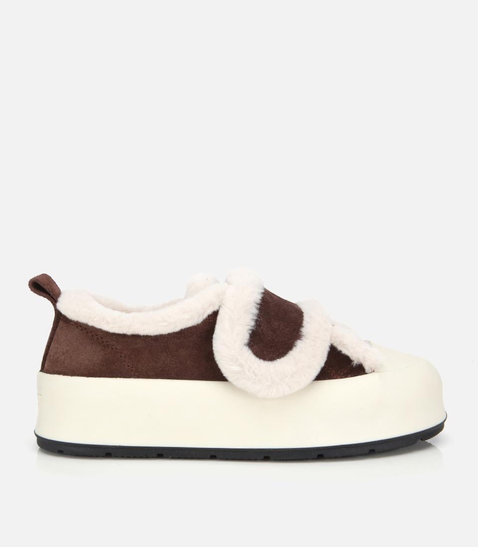  Kadın Süet Deri Kahverengi  Kürklü Kalın Bantlı Spor Ayakkabı