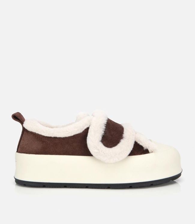  Kadın Süet Deri Kahverengi  Kürklü Kalın Bantlı Spor Ayakkabı