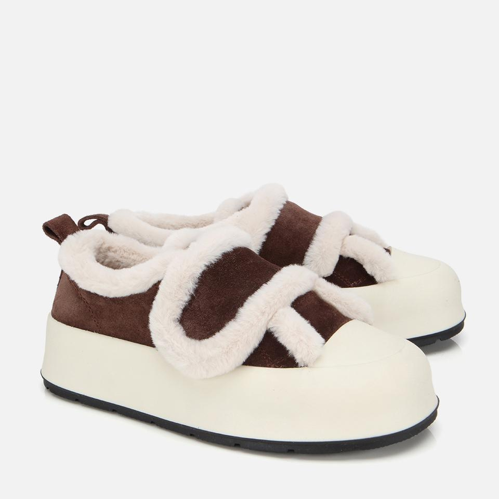 Kadın Süet Deri Kahverengi  Kürklü Kalın Bantlı Spor Ayakkabı