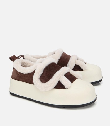  Kadın Süet Deri Kahverengi  Kürklü Kalın Bantlı Spor Ayakkabı