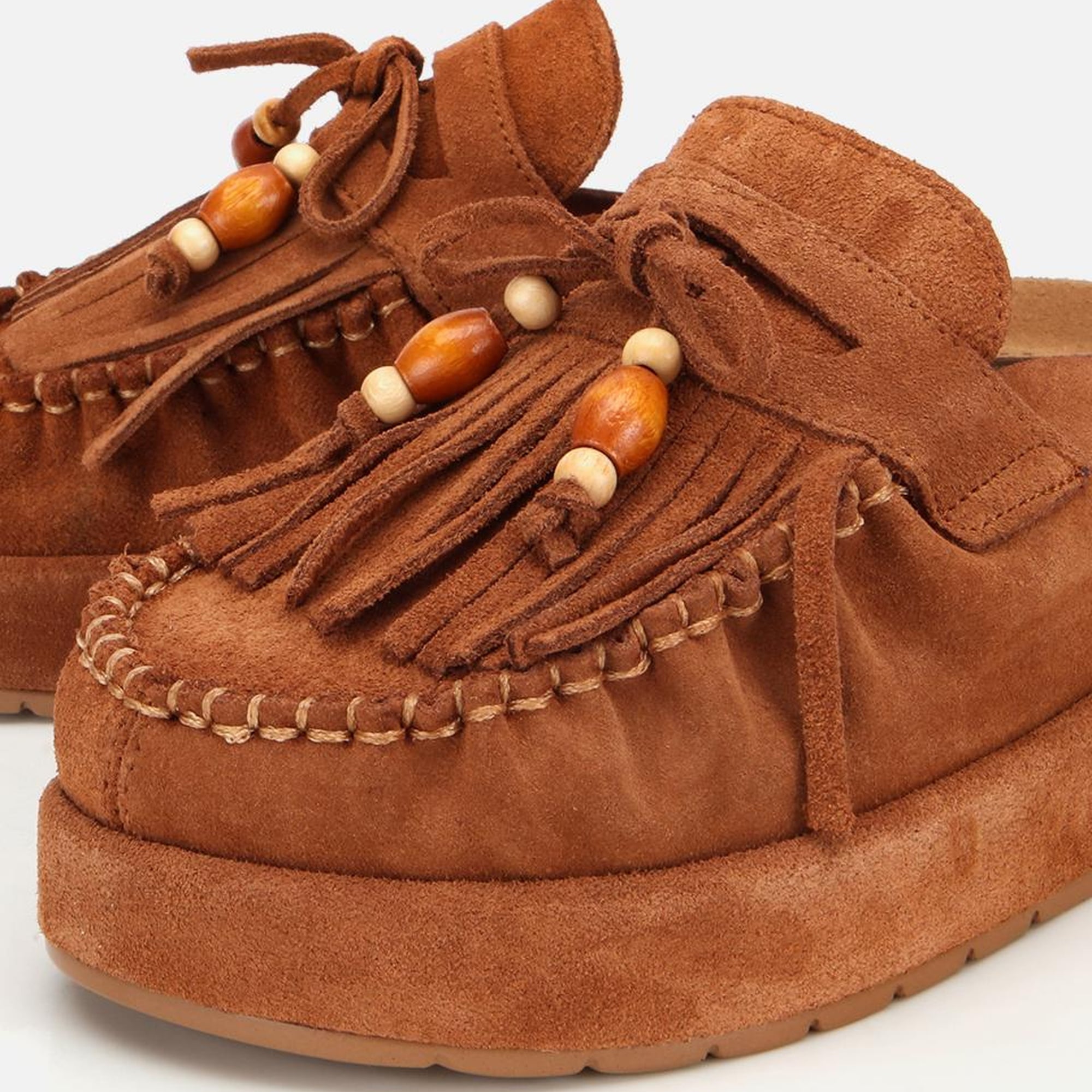 Kadın Süet Deri Taba Püsküllü Kalın Tabanlı Terlik