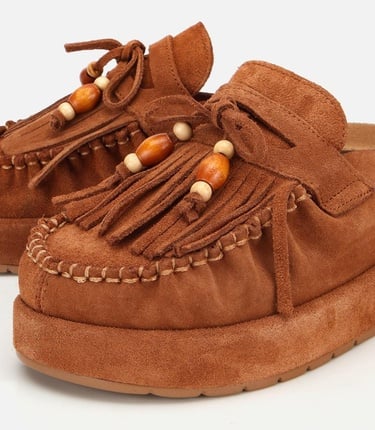  Kadın Süet Deri Taba Püsküllü Kalın Tabanlı Terlik