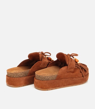  Kadın Süet Deri Taba Püsküllü Kalın Tabanlı Terlik