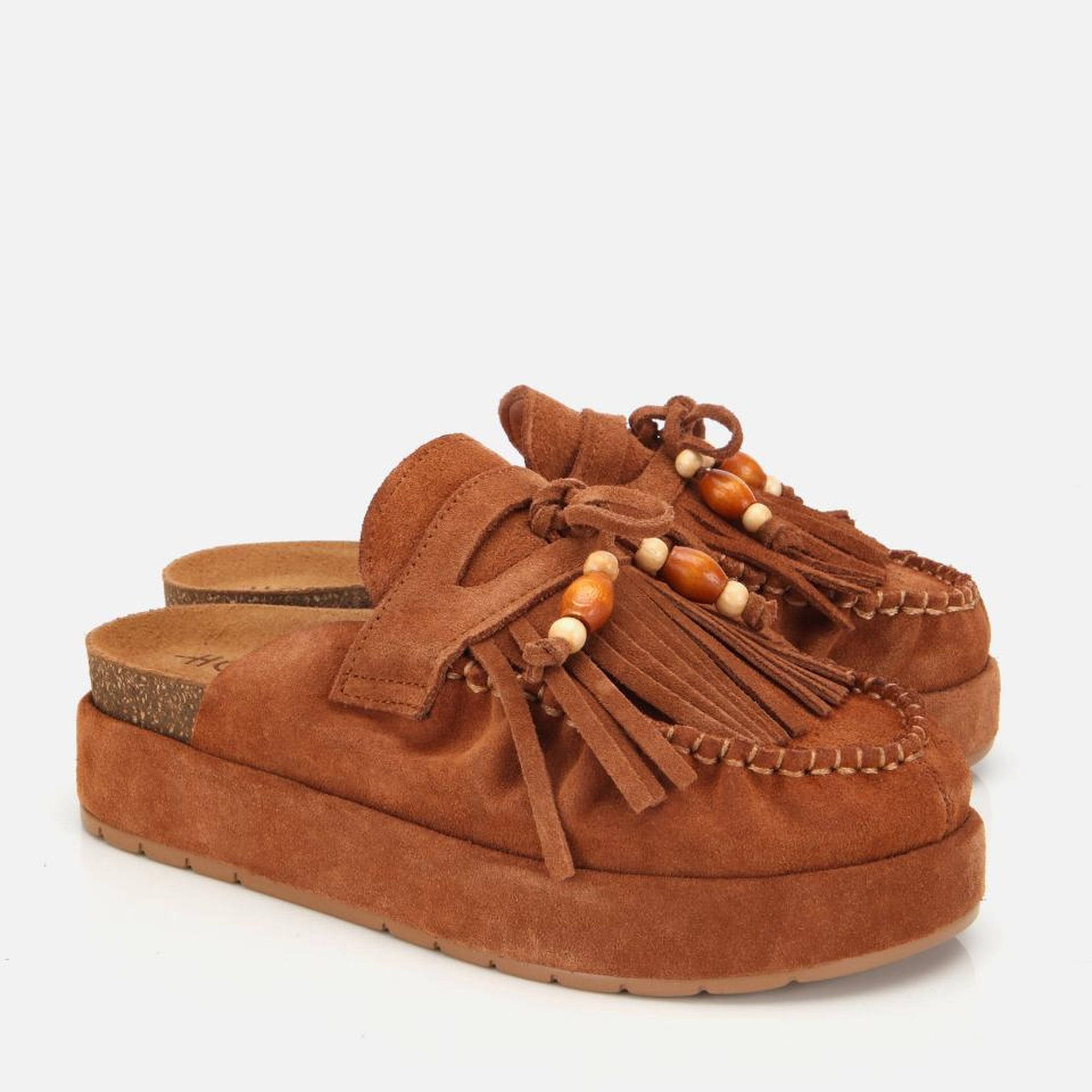 Kadın Süet Deri Taba Püsküllü Kalın Tabanlı Terlik