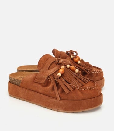  Kadın Süet Deri Taba Püsküllü Kalın Tabanlı Terlik