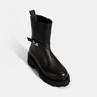  Kadın Siyah Metal Tokalı Kalın Tabanlı Deri Bot