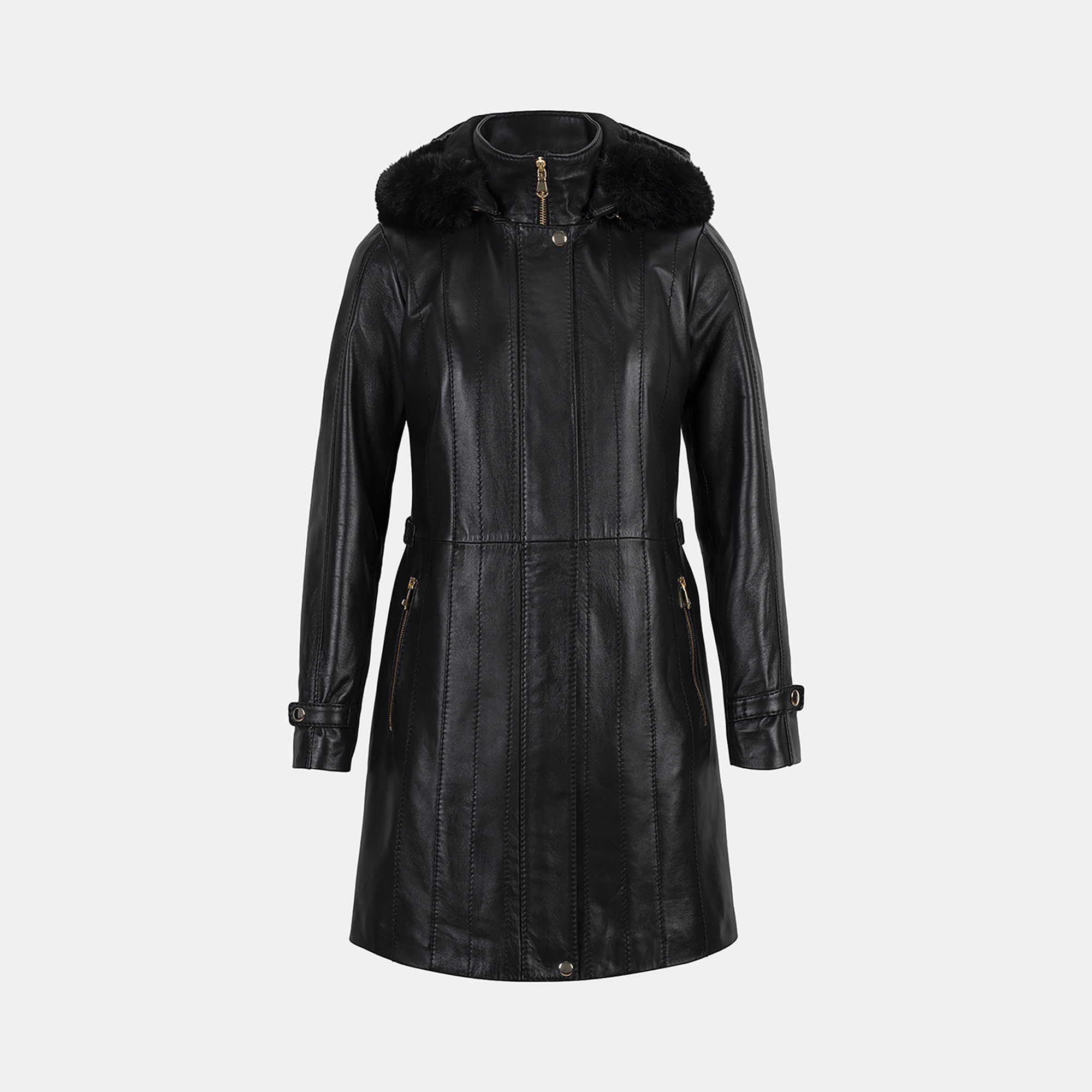 Kadın Siyah Hakim Yakalı Kapüşonlu Deri Kaban