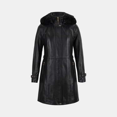  Kadın Siyah Hakim Yakalı Kapüşonlu Deri Kaban