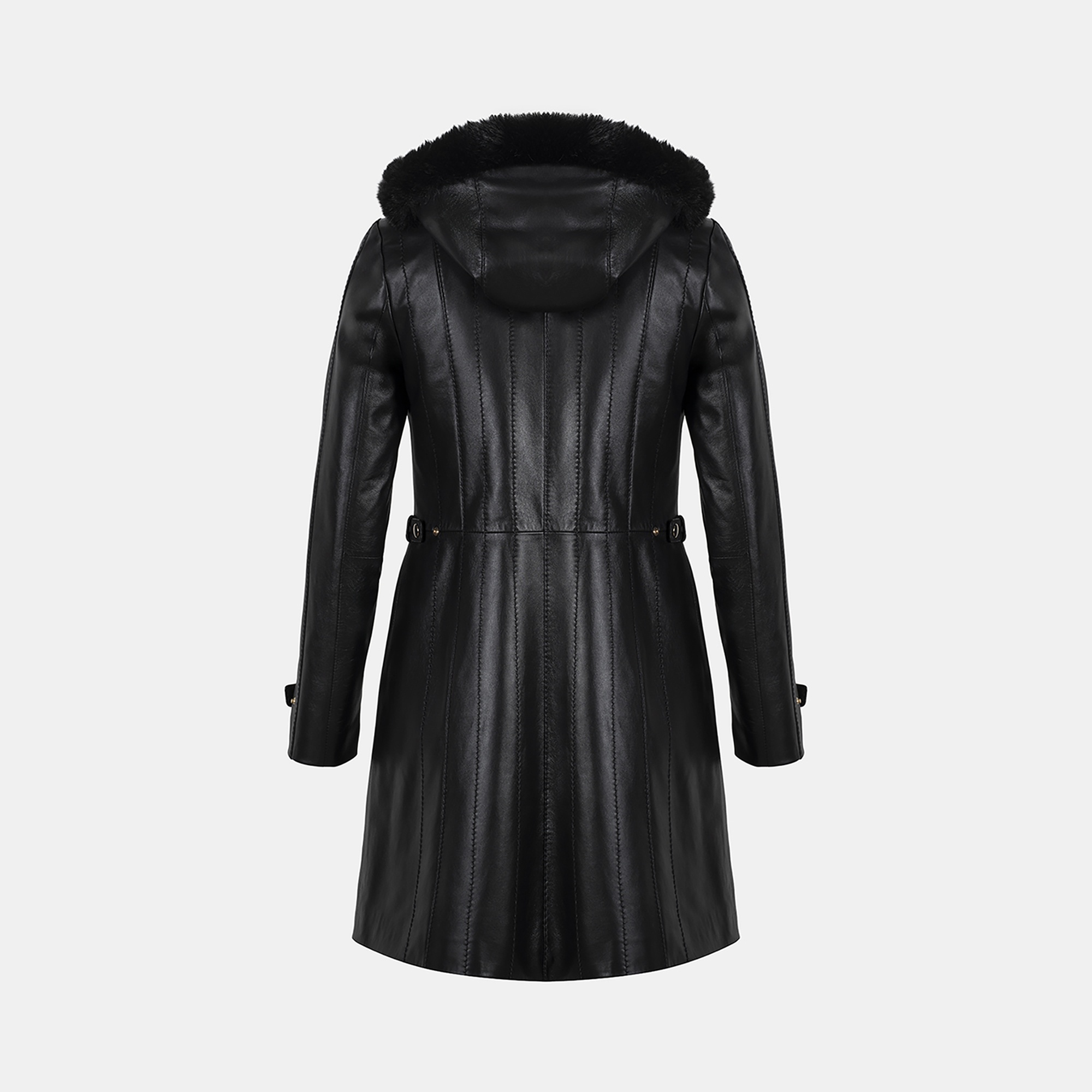 Kadın Siyah Hakim Yakalı Kapüşonlu Deri Kaban