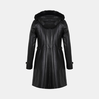  Kadın Siyah Hakim Yakalı Kapüşonlu Deri Kaban