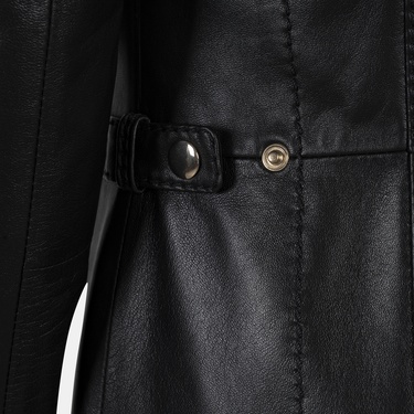  Kadın Siyah Hakim Yakalı Kapüşonlu Deri Kaban