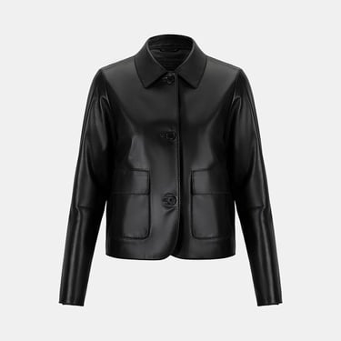  Kadın Siyah Gömlek Yakalı Düğmeli Kısa Deri Ceket