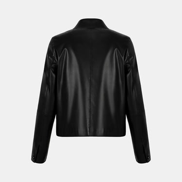  Kadın Siyah Gömlek Yakalı Düğmeli Kısa Deri Ceket