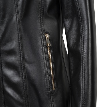  Kadın Siyah Gömlek Yakalı Fit Deri Ceket