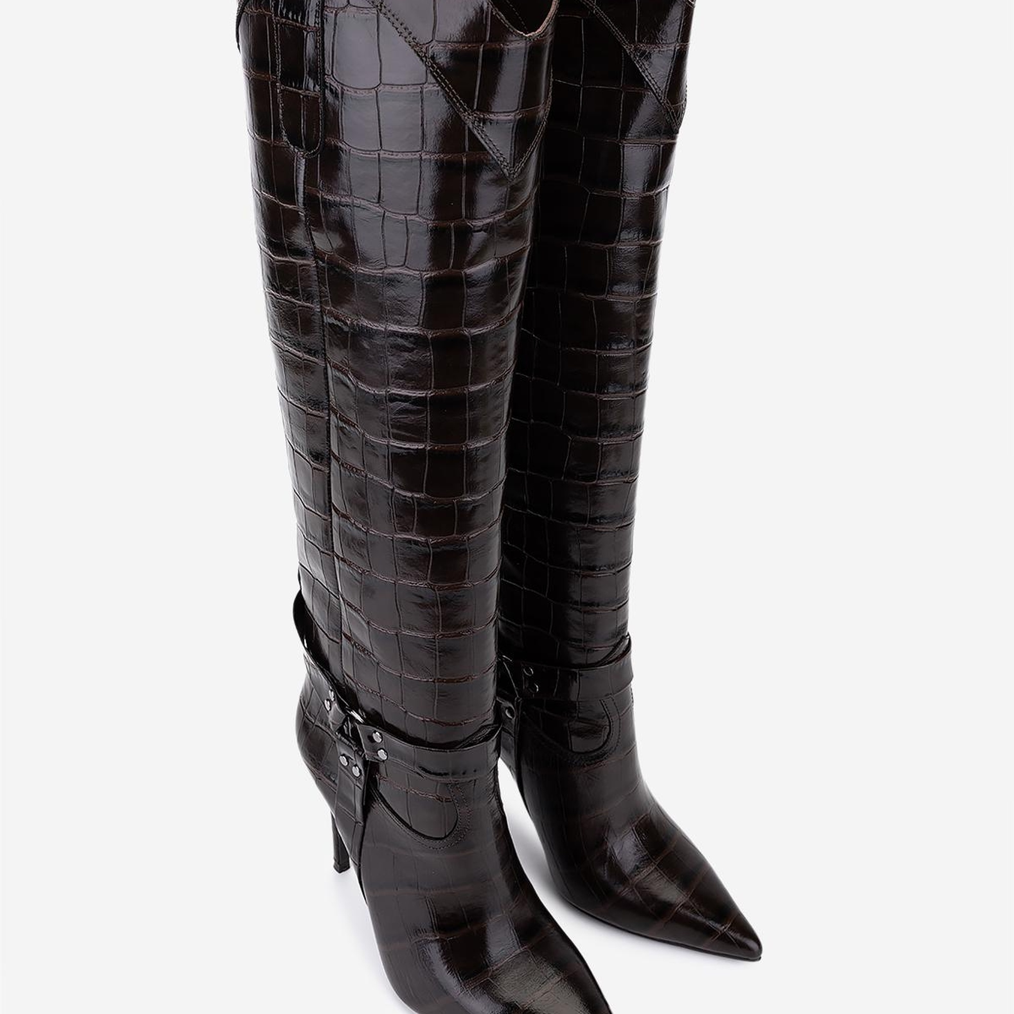Valmenti Kadın Hakiki Deri Kahverengi Kroko Topuklu Çizme