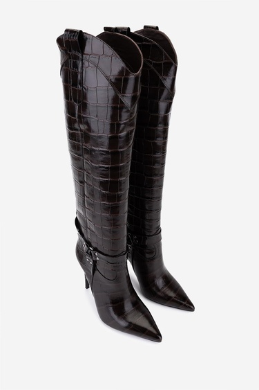  Valmenti Kadın Hakiki Deri Kahverengi Kroko Topuklu Çizme