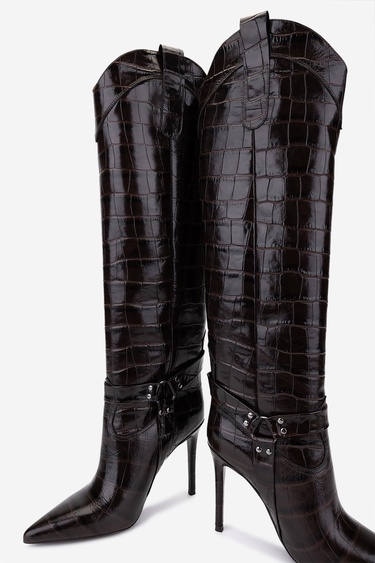  Valmenti Kadın Hakiki Deri Kahverengi Kroko Topuklu Çizme