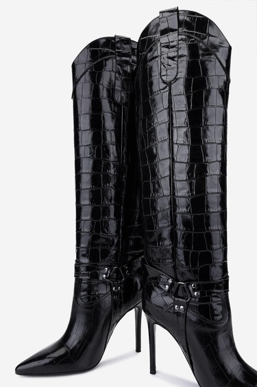 Valmenti Kadın Hakiki Deri Siyah Kroko Topuklu Çizme