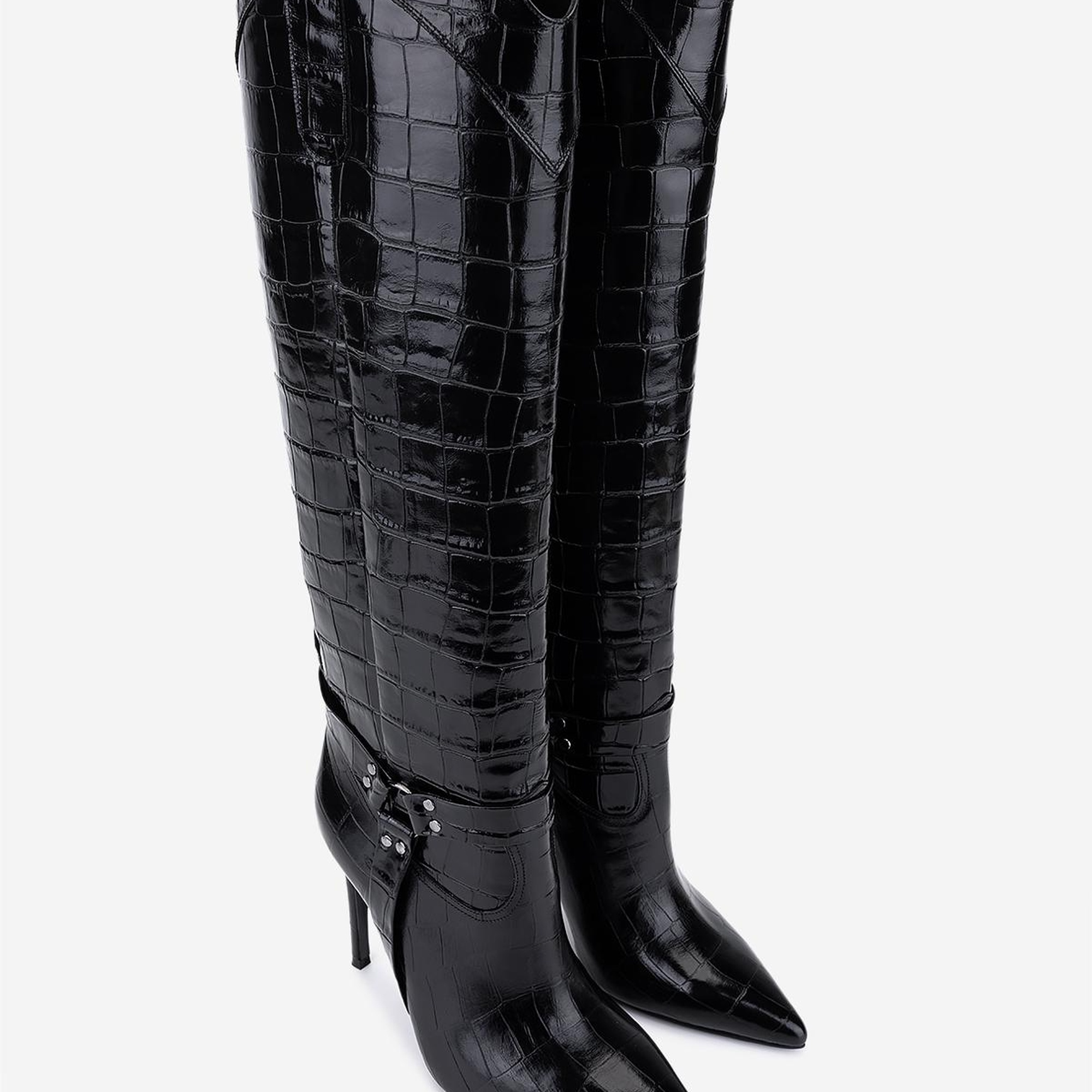 Valmenti Kadın Hakiki Deri Siyah Kroko Topuklu Çizme