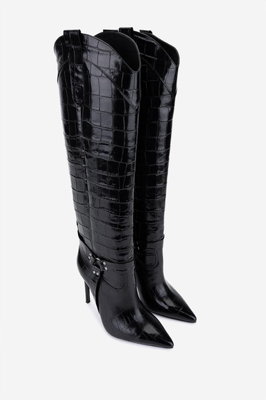  Valmenti Kadın Hakiki Deri Siyah Kroko Topuklu Çizme