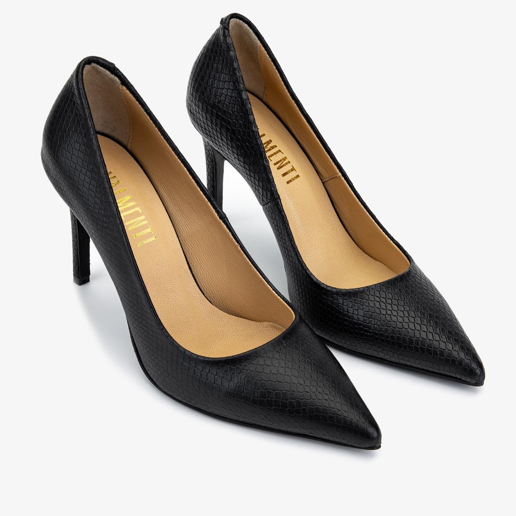 Valmenti Kadın Hakiki Deri Siyah Yılan Desen Topuklu Ayakkabı