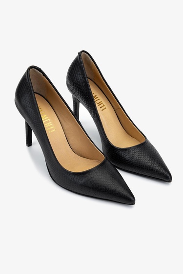  Valmenti Kadın Hakiki Deri Siyah Yılan Desen Topuklu Ayakkabı