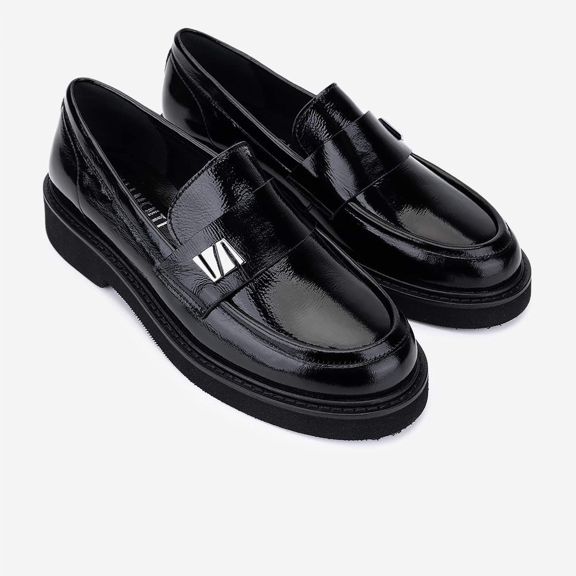 Valmenti Kadın Hakiki Deri Siyah Kırışık Rugan Loafer Ayakkabı