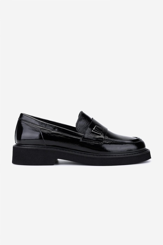  Valmenti Kadın Hakiki Deri Siyah Kırışık Rugan Loafer Ayakkabı