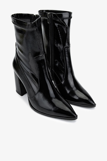  Valmenti Kadın Deri & Suni Siyah Rugan Topuklu Bot