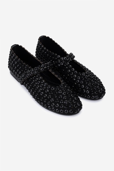  Valmenti Kadın Hakiki Deri Siyah/Siyah Taş Babet Ayakkabı