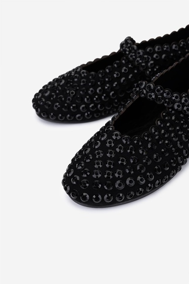  Valmenti Kadın Hakiki Deri Siyah/Siyah Taş Babet Ayakkabı