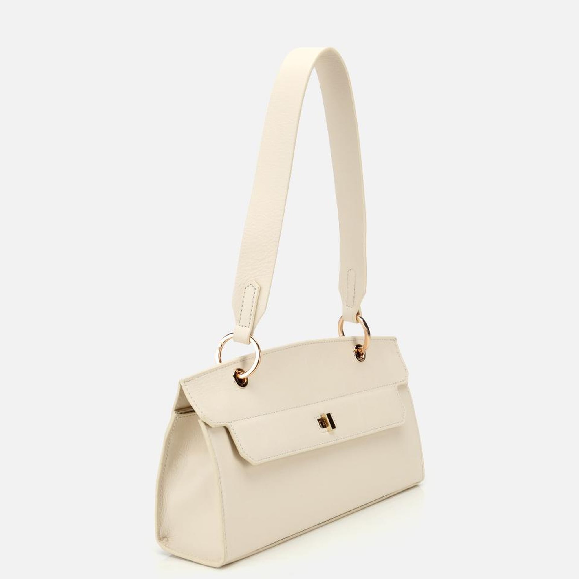 Kadın Deri Ekru Kilit Detaylı Omuz Çantası
