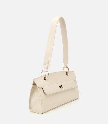 Kadın Deri Ekru Kilit Detaylı Omuz Çantası