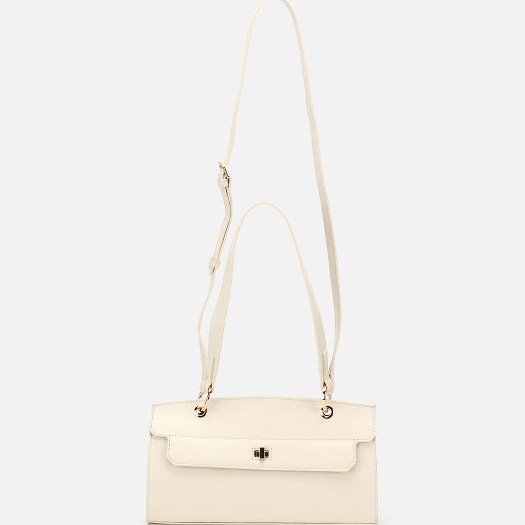 Kadın Deri Ekru Kilit Detaylı Omuz Çantası