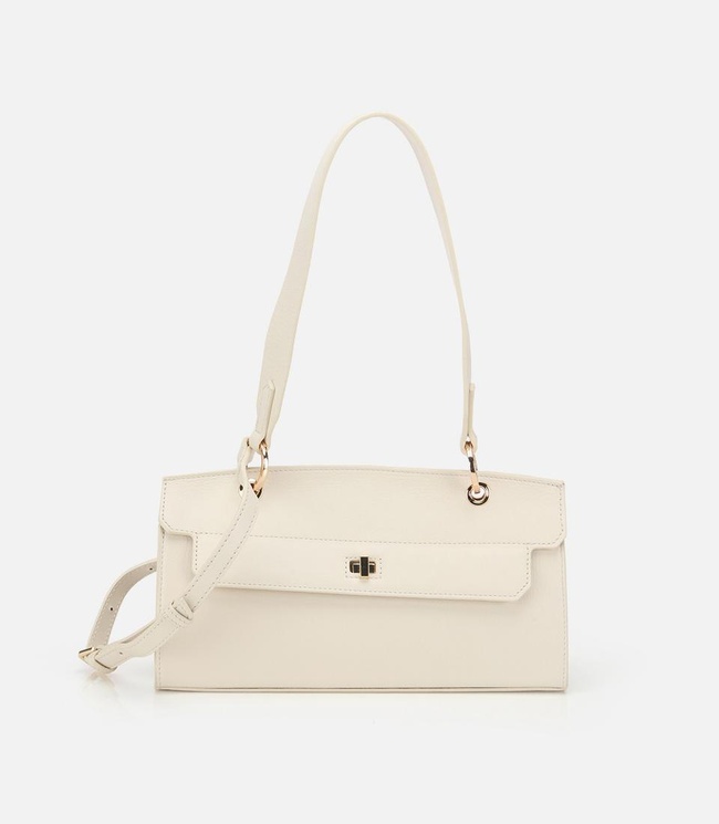  Kadın Deri Ekru Kilit Detaylı Omuz Çantası