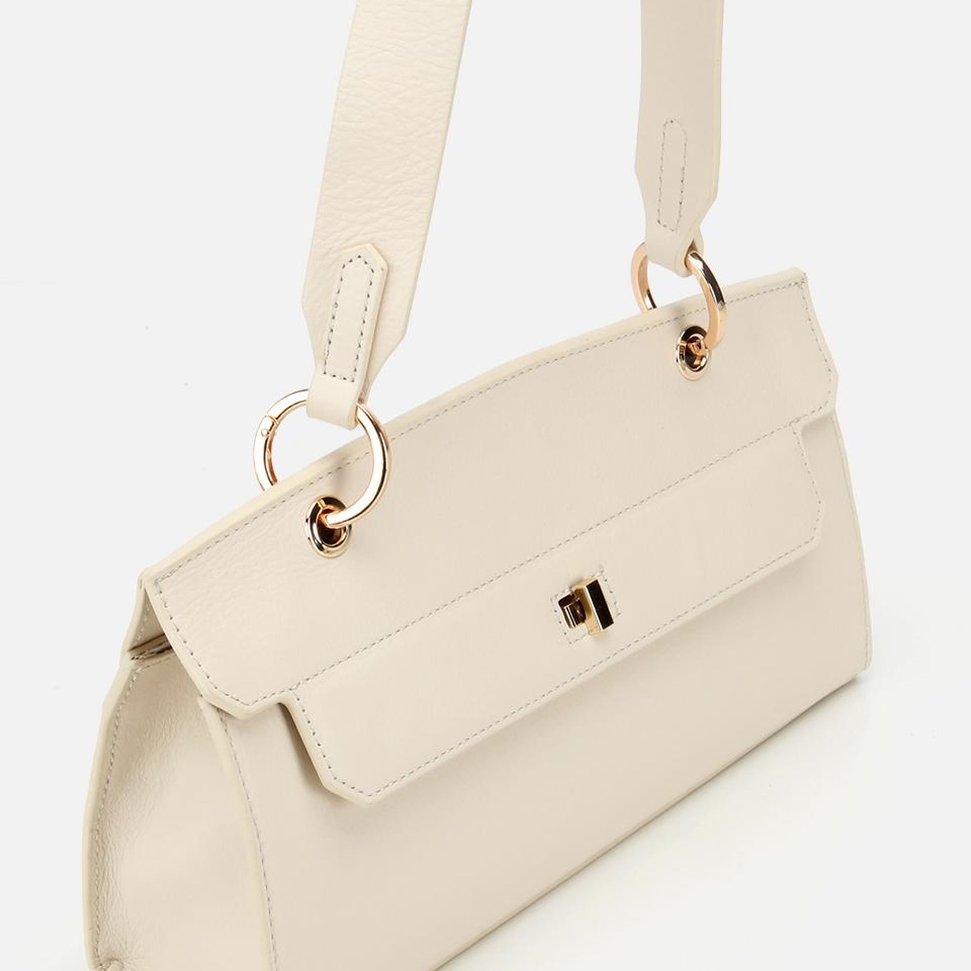 Kadın Deri Ekru Kilit Detaylı Omuz Çantası