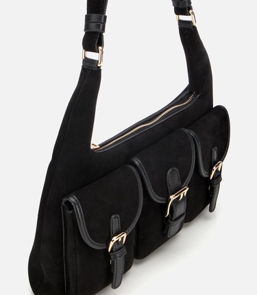  Kadın Süet Deri Siyah Cepli Tokalı Omuz Çantası
