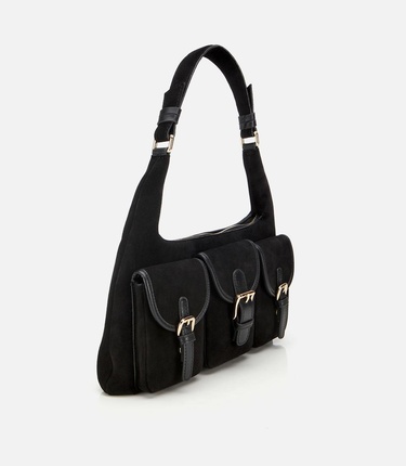  Kadın Süet Deri Siyah Cepli Tokalı Omuz Çantası