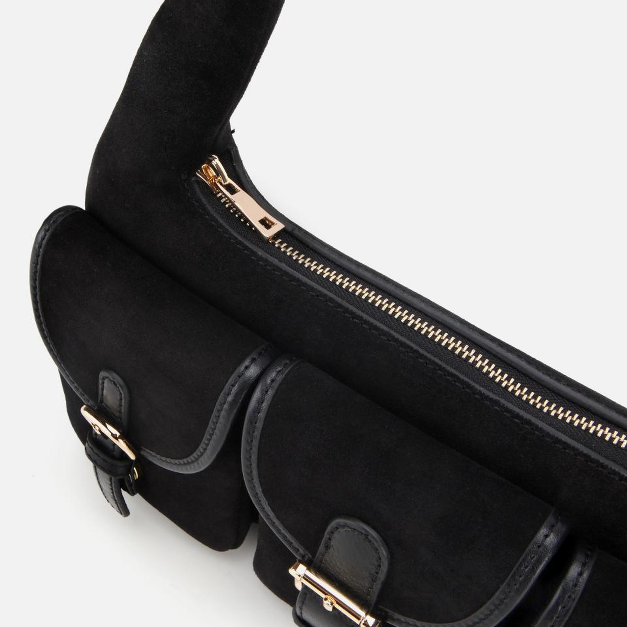 Kadın Süet Deri Siyah Cepli Tokalı Omuz Çantası