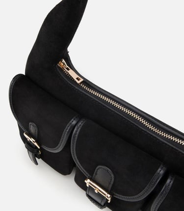  Kadın Süet Deri Siyah Cepli Tokalı Omuz Çantası