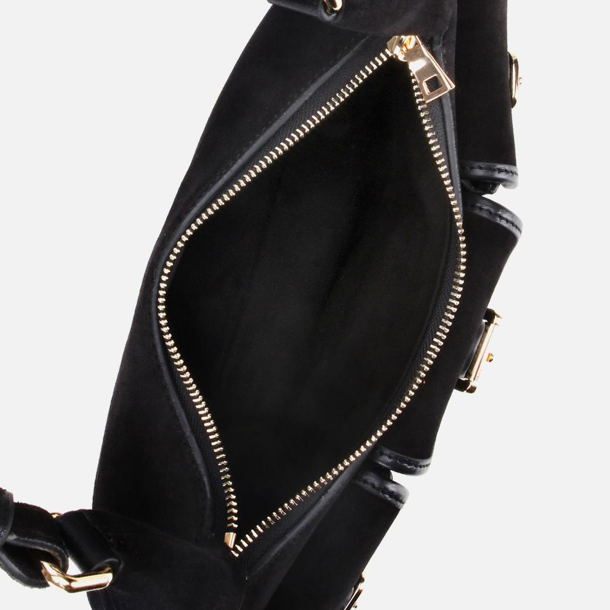 Kadın Süet Deri Siyah Cepli Tokalı Omuz Çantası